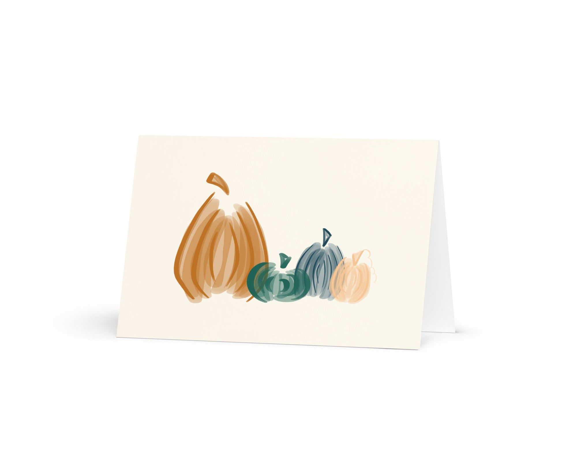 A vertical art print or greeting card on a white background, featuring a hand-painted style illustration of four pumpkins in autumn colors including orange, teal, and beige.